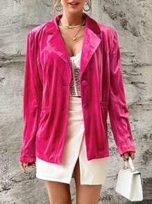 SHEIN Privé Lapel Neck Single Breasted Velvet Blazer - Hot Pink - View 1