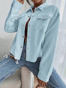 SHEIN EZwear 翻蓋口袋落肩袖燈芯絨夾克 - 淺藍色 - 查看 3