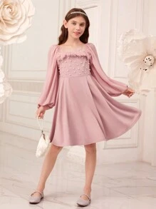 SHEIN 女大童毛茸邊珍珠串珠燈籠袖洋裝 - 粉色 - 查看 5