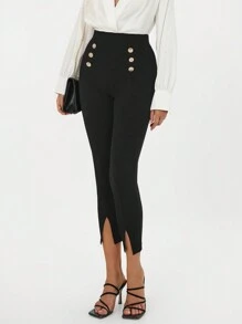 SHEIN Privé Leggings con dobladillo dividido y detalle de botones - Negro - Ver 5