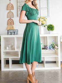 胸部褶皺打褶後綁帶洋裝 - 綠色 - 查看 5