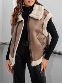 GENKIRA Dây kéo Lót Teddy Áo khoác vest - Màu Khaki - Xem 3