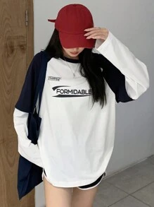 DAZY Áo thun tay dài họa tiết chữ Raglan tương phản dành cho nữ, Quần áo mùa thu cho nữ - Đen và trắng - Xem 2