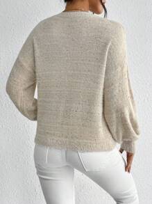 SHEIN Essnce V領落肩袖套頭毛衣 - 杏色 - 查看 2