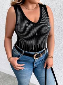 Celure Plus Rhinestone Detail Tank Bodysuit - Black - View 6