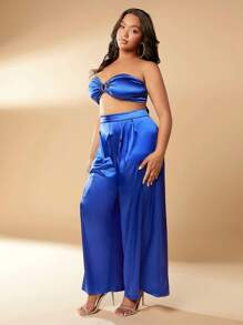 SHEIN SXY Hơn Chi tiết vòng Buộc lại Ống ngọn Và Quần Palazzo - Màu xanh lam - Xem 4