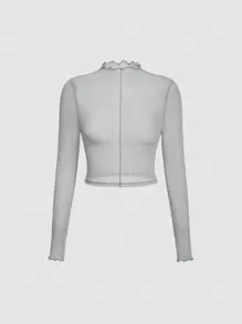 SHEIN MOD 木耳邊小高領網紗上衣 - 灰色 - 查看 1