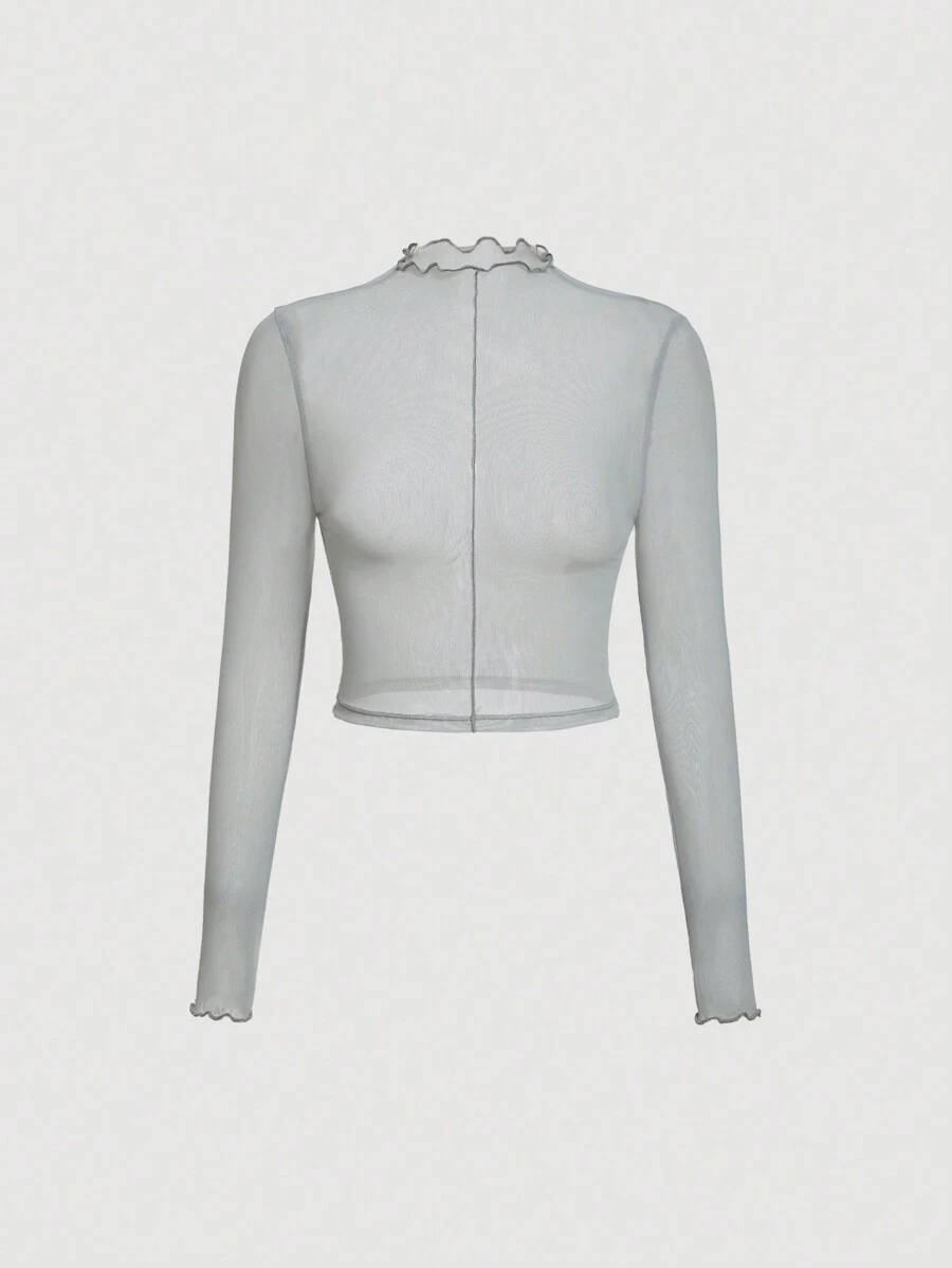 SHEIN MOD 木耳邊小高領網紗上衣 - 灰色 - 查看 1