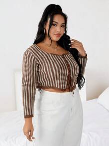 SHEIN Unity Hơn Mẫu Geo Lace lên phía trước Áo len Mở - Cà phê nâu - Xem 3