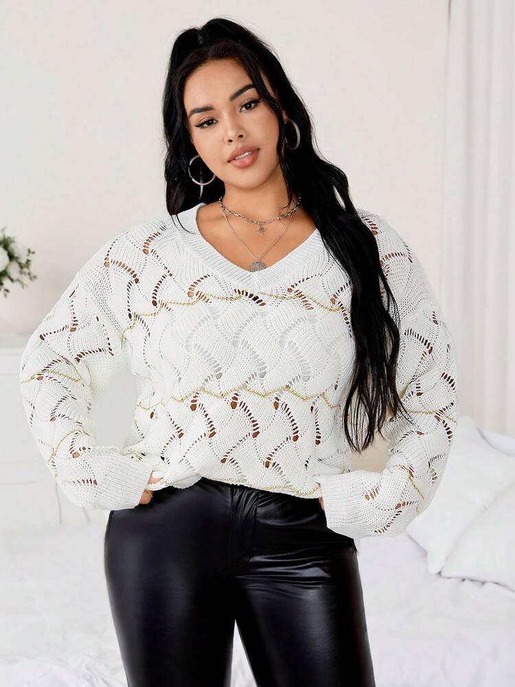 Plus Pointelle Knit Drop Shoulder Sweater Knit Pullover Fall Winter Sweater