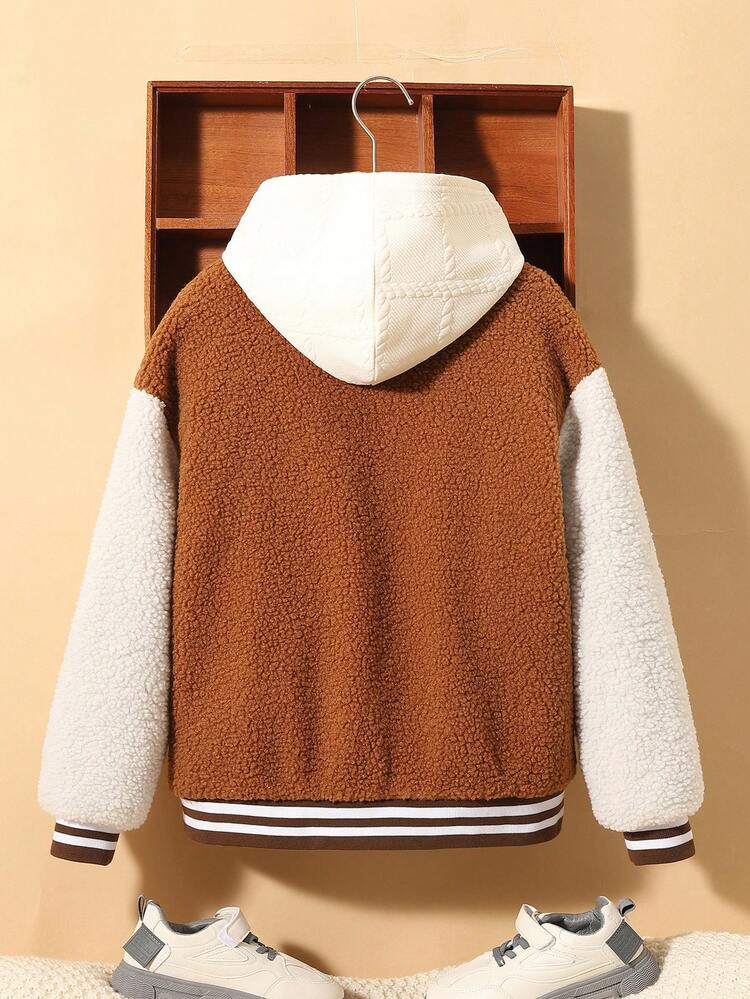 Tween Boy Letter Embroidery Striped Trim Drop Shoulder Teddy Jacket Without Hoodie