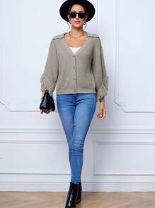SHEIN Tall Fringe Trim Drop Shoulder Button Front Cardigan - Grey - View 6