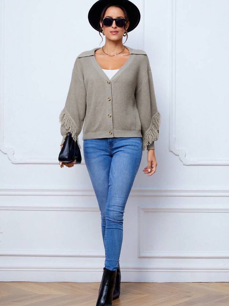 Fringe Trim Drop Shoulder Button Front Cardigan