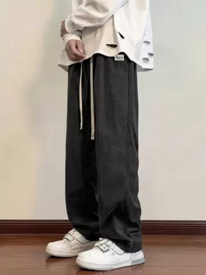 男性 文字 パッチ付き ディティール ドローストリングウエスト ストレートレッグパンツ