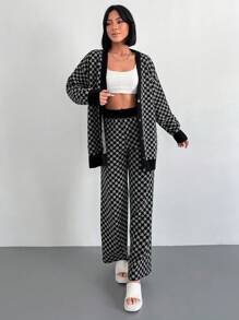RueChic Geo Pattern Drop Shoulder Cardigan & Knit Pants - Black and White - View 5