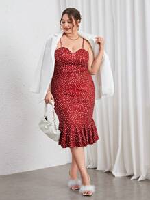 SHEIN Privé 大碼波點圖案魚尾裙下擺吊帶洋裝 - 紅色 - 查看 5