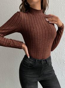 SHEIN Tall Mock Neck Ribbed Knit Tee - Coffee Brown - View 3
