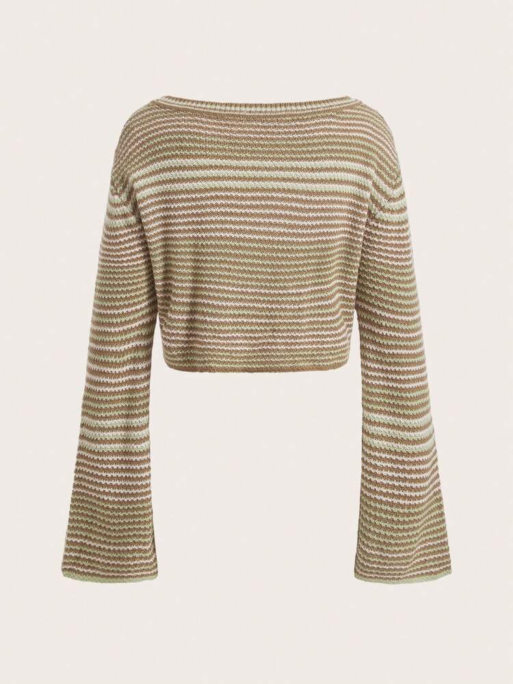 Striped Pattern Drop Shoulder Crop Sweater