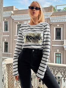 RueChic Pull À Rayures & Motif Lettre À Sequins Ourlet Incurvé