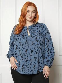 SHEIN CURVE+ Plus Allover Print Tied Neckline Lantern Sleeve Blouse - Blue - View 5