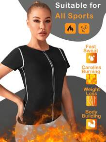 Top-stitching Round Neck Sports Tee - Black - View 3