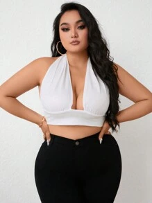 Celure Talla grande Top halter crop unicolor de espalda abierta - Blanco - Ver 1