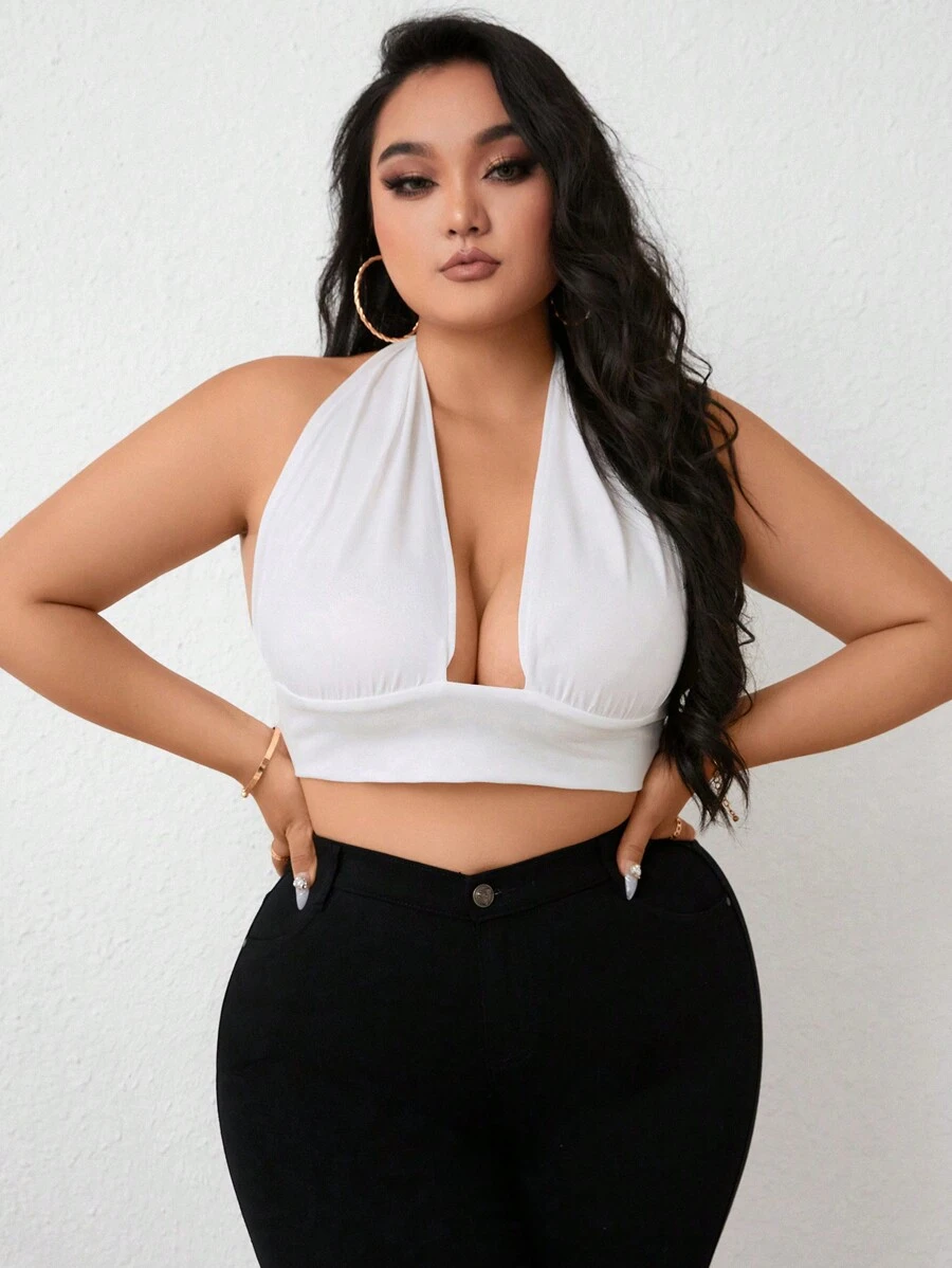 Celure Talla grande Top halter crop unicolor de espalda abierta - Blanco - Ver 1