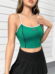 SHEIN Unity 字母補丁細節撞色滾邊吊帶短上衣 - 綠色 - 查看 1