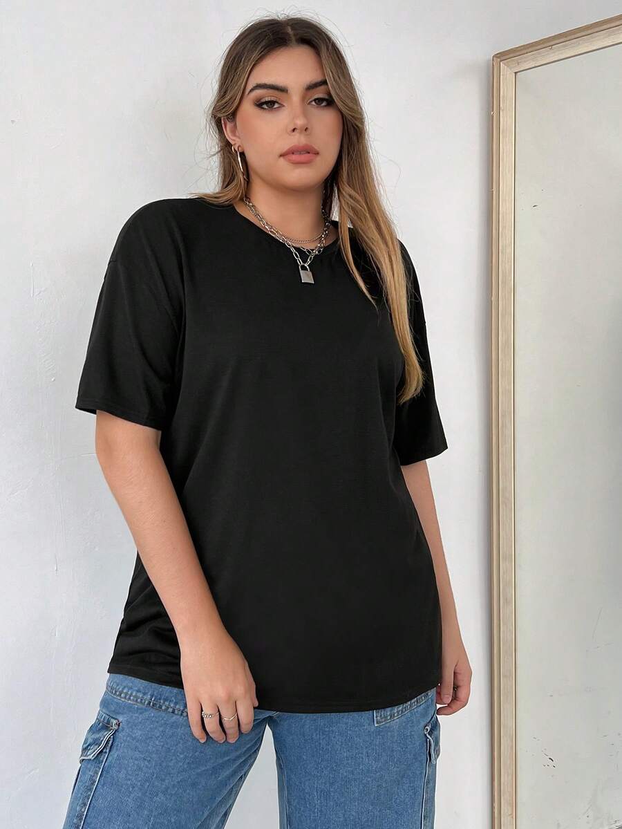 Flirla Áo thun Plus size màu trơn Giải trí - màu đen - Xem 1