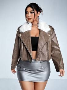 SHEIN ICON 大碼羊絨領口毛茸邊PU皮革機車夾克 - 淺灰色 - 查看 6