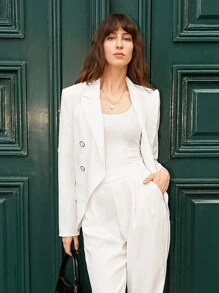 SHEIN Frenchy Double Breasted Flap Detail Blazer - White - View 2
