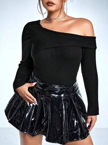 SHEIN ICON Talla grande Jersey de cuello asimétrico tejido de canalé - Negro - Ver 2