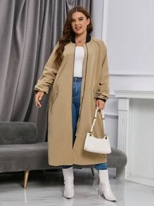 SHEIN LUNE Plus Contrast Trim Open Front Coat - Khaki - View 5