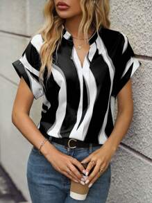 SHEIN LUNE Blusa de color combinado de manga murciélago popover - Blanco y Negro - Ver 5