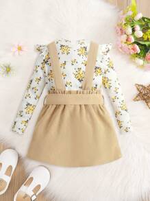 SHEIN Áo phông xếp nếp in hoa trẻ trung và váy yếm có thắt lưng - Nhiều màu - Xem 2