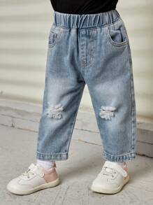Baby Girl Elastic Waist Ripped Straight Leg Jeans - Light Wash - View 5