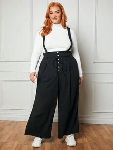 SHEIN CURVE+ Plus Button Front Belted Overall Jumpsuit Without Tee - Black - View 5