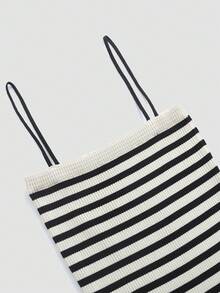 条纹印花吊带连衣裙，适合派对和夏季穿着，优雅时尚 - 黑與白 - 查看 3