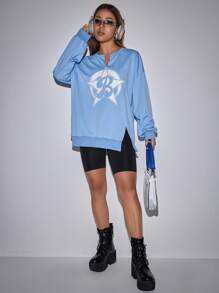 SHEIN Unity Letter And Star Print Drop Shoulder Split Hem Sweatshirt Pullover Fall Sweatshirt - Blue - View 6