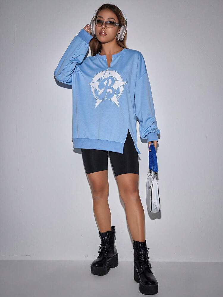 Letter And Star Print Drop Shoulder Split Hem Sweatshirt Pullover Fall Sweatshirt