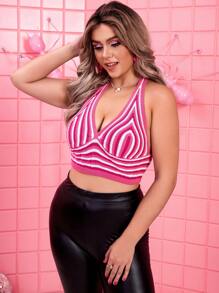 SHEIN Unity Talla grande Top de punto con patrón de rayas de espalda abierta halter - Multicolor - Ver 3