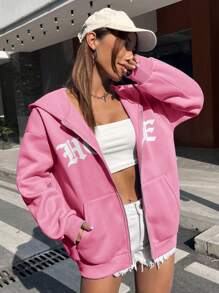 SHEIN EZwear 字母圖案拉鏈開襟落肩袖抽繩運動衫 - 粉色 - 查看 4