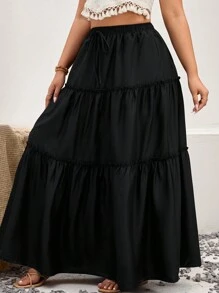 SHEIN VCAY Plus Tie Waist Ruffle Hem Maxi Skirt - Black - View 5