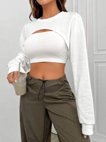 Muchica Solid Drop Shoulder Super Crop Sweatshirt Without Cami Top - White - View 5