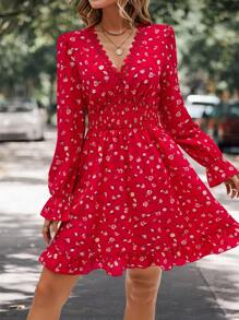 SHEIN Holidaya Ditsy Floral Print Guipure Lace Trim Flounce Sleeve Dress - Red - View 5