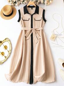 SHEIN Clasi Plus Contrast Trim Belted Shirt Dress - Apricot - View 1