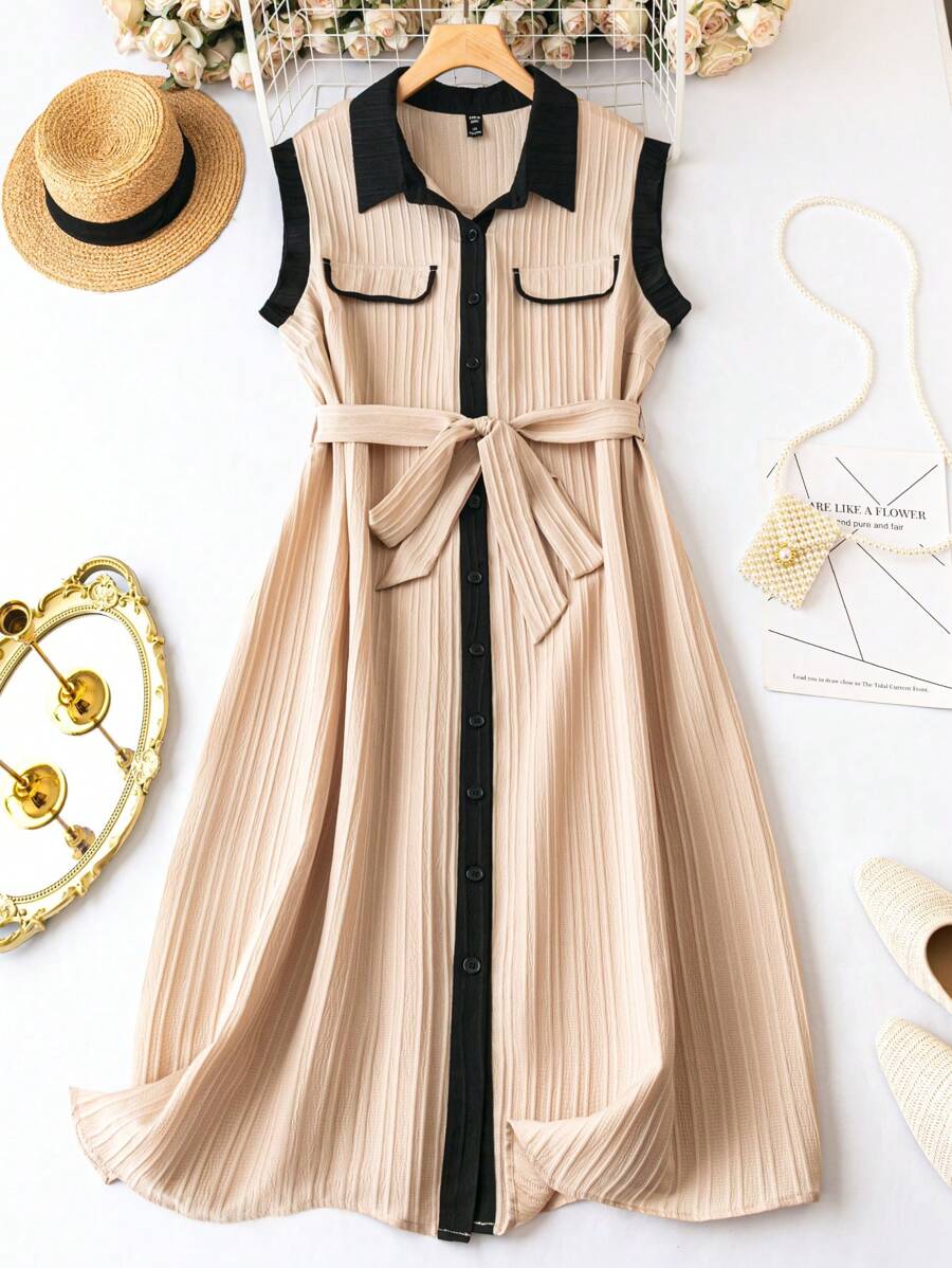 SHEIN Clasi Plus Contrast Trim Belted Shirt Dress - Apricot - View 1