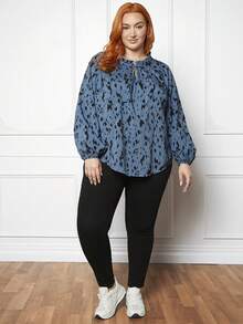 SHEIN CURVE+ Plus Allover Print Tied Neckline Lantern Sleeve Blouse - Blue - View 6