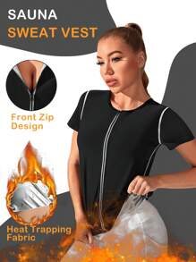 Top-stitching Round Neck Sports Tee - Black - View 1