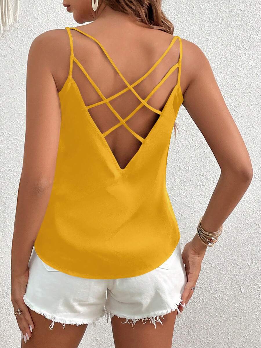 SHEIN VCAY Solid Criss Cross Back Cami Top - Yellow - View 1